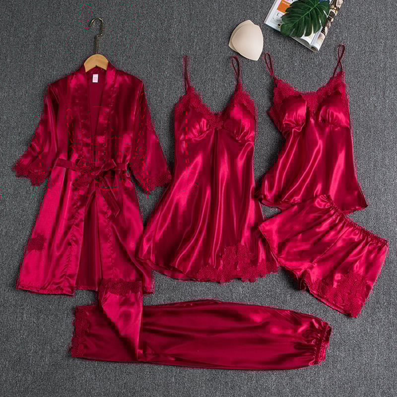 Women's Ice Silk Pajama Set Five-piece Home Clothes