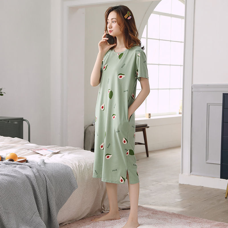 A girl in a sleeping dress with short sleeves
