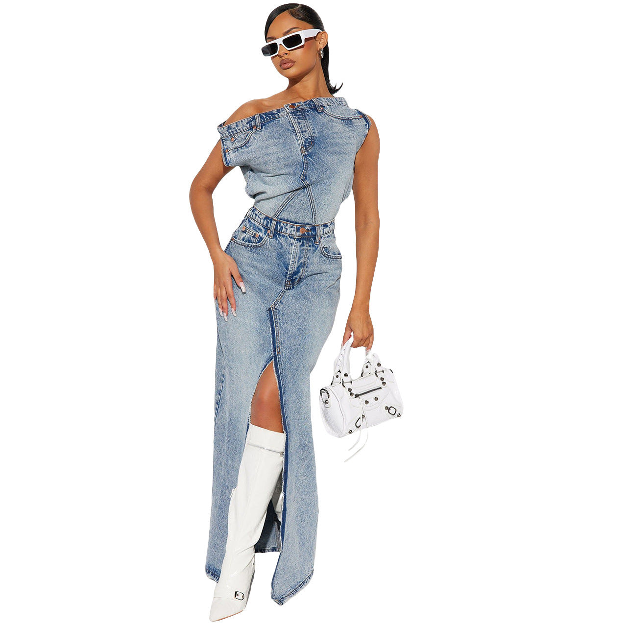 Women's Denim Skirt Suit Retro Split Design