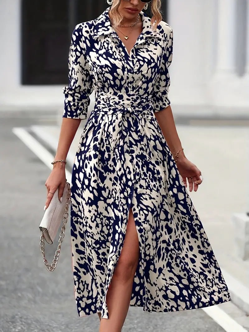 Printed button-up long-sleeved fitted A-line dress