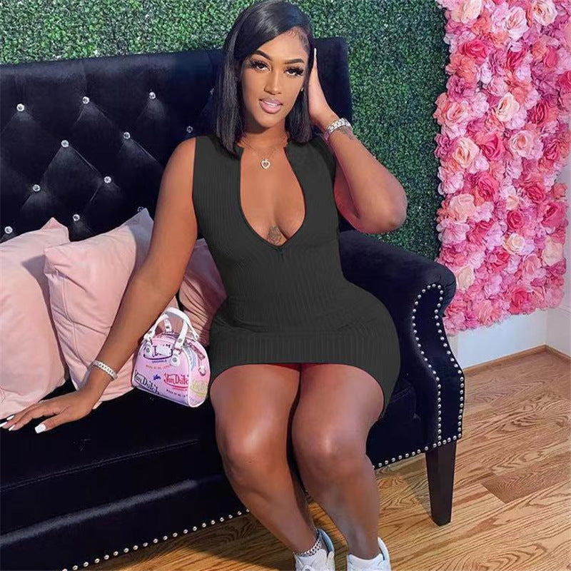 Women's Ribbed Zipper Slim Fit Sleeveless Dress