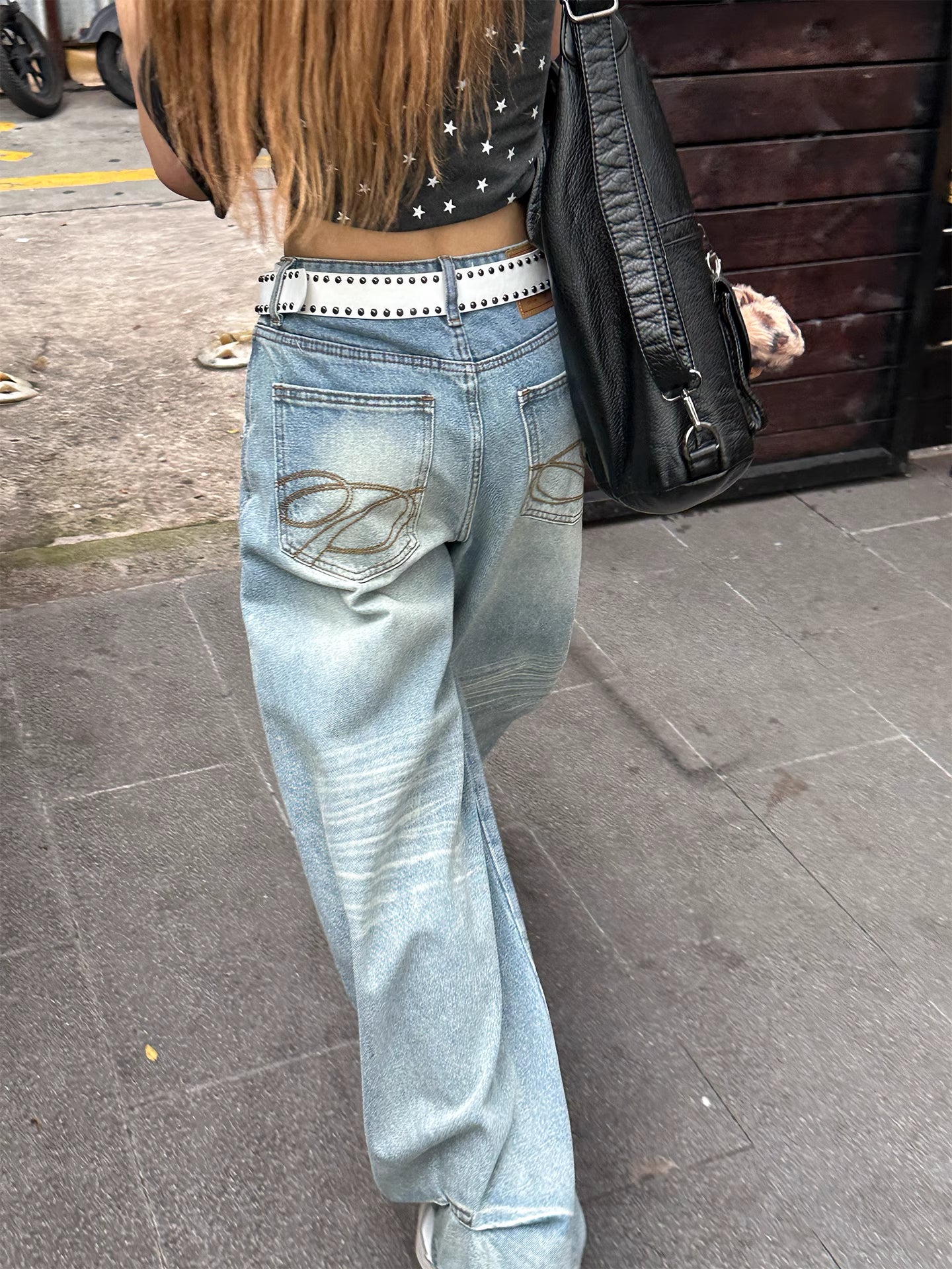 Retro Washed Embroidered Denim Wide-Leg Pants