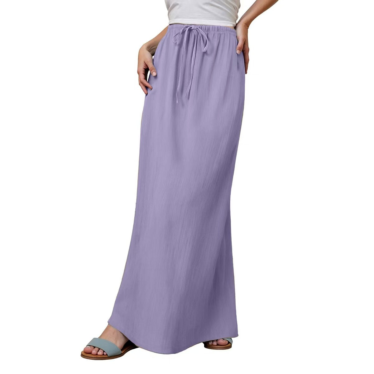 Women's solid-color drawstring elastic waist mid-length skirt