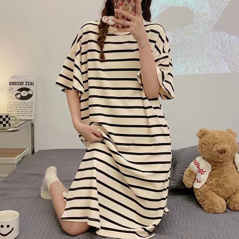 Women's Summer Cartoon Short Sleeve Pajama Dress - Loose Comfortable Home Wear