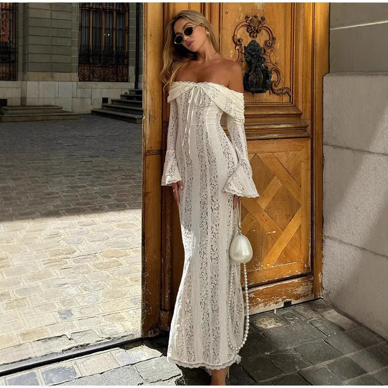 Fashionable and sexy one-shoulder cinched waist lace long dress