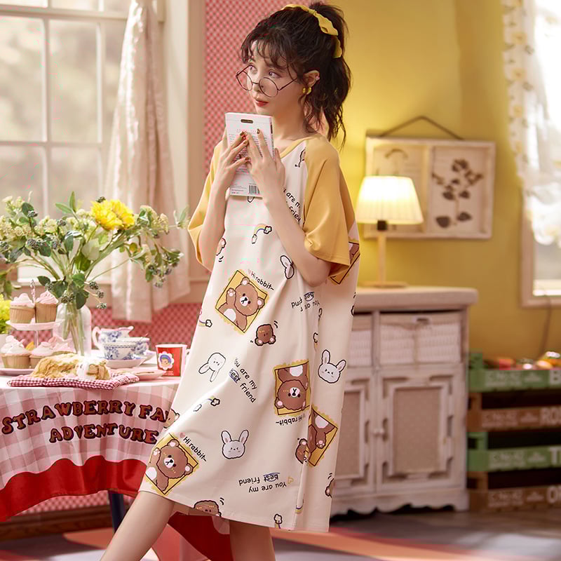 Women's Summer Cartoon Short Sleeve Pajama Dress - Loose Comfortable Home Wear
