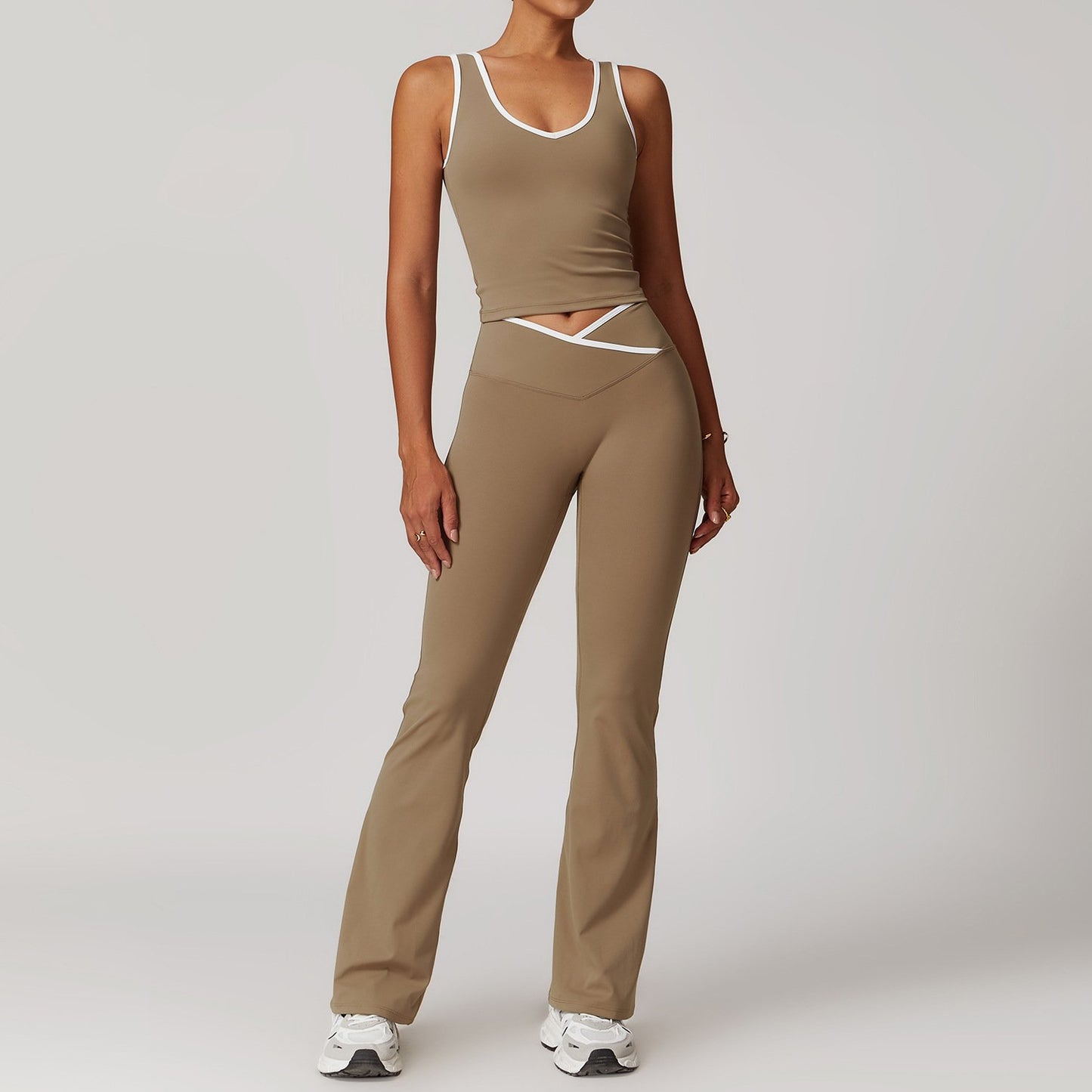 Contrast Color Sexy Tight Fitness Clothes suit V-Neck Sports Vest Quick-drying High Waist Cross Hip Lifting Yoga Flared Pants