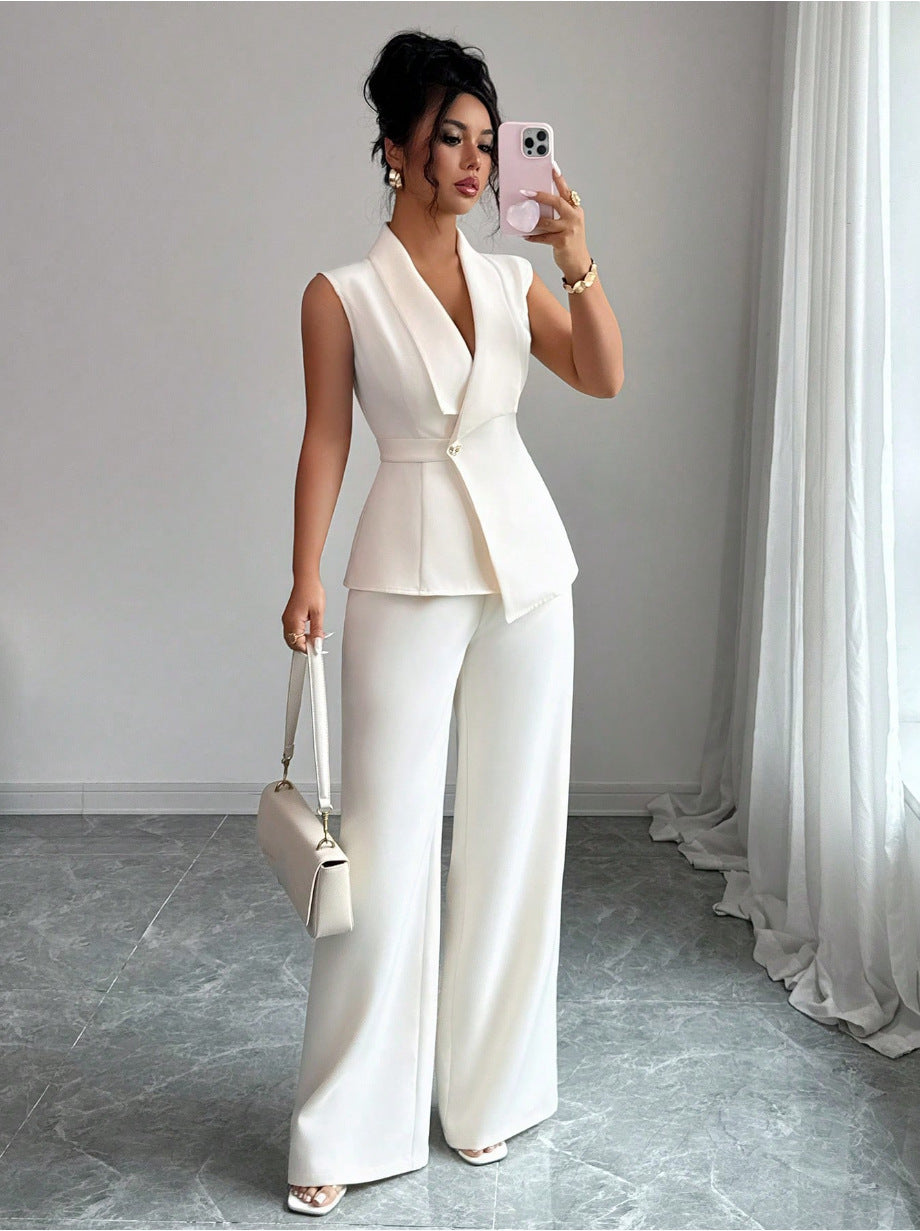 Women Sleeveless Suit and Straight Pants Two Piece Set
