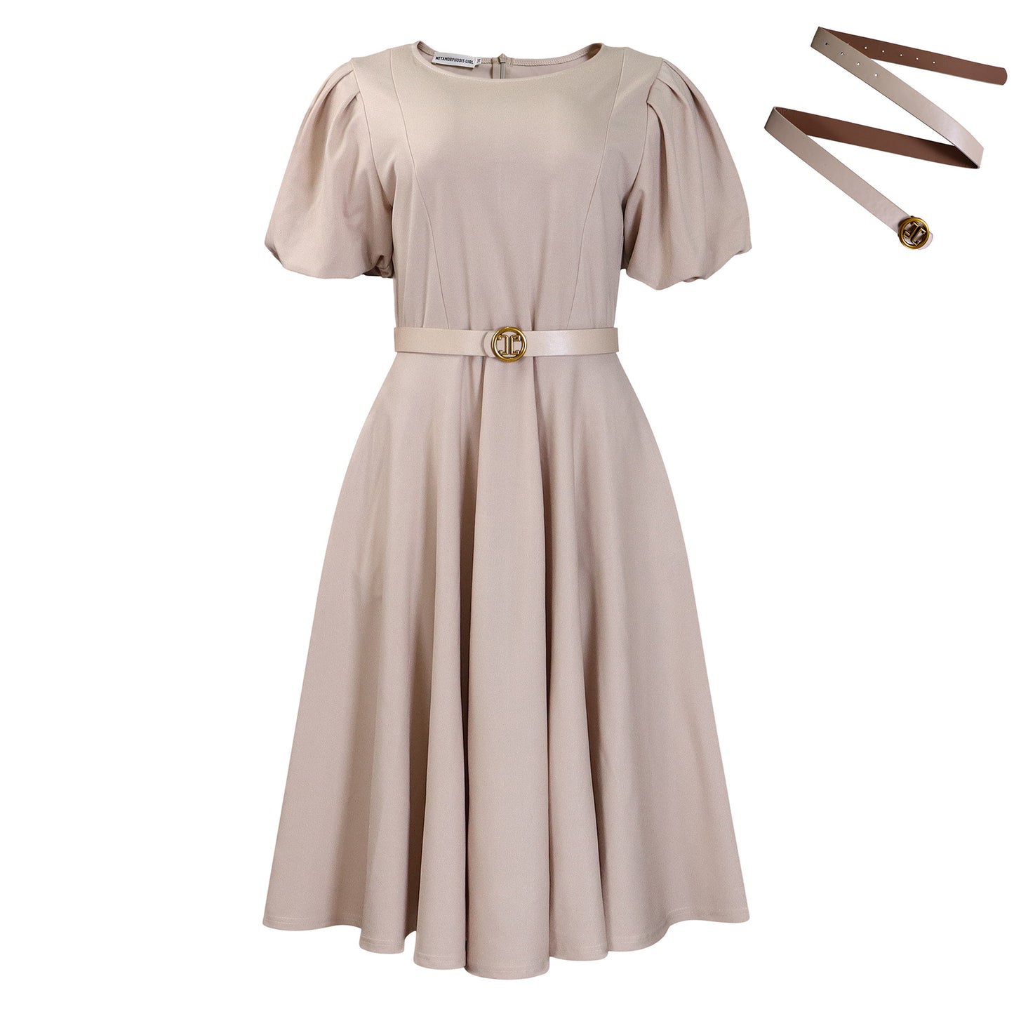Puff Sleeve A-Line Dress with Matching Belt