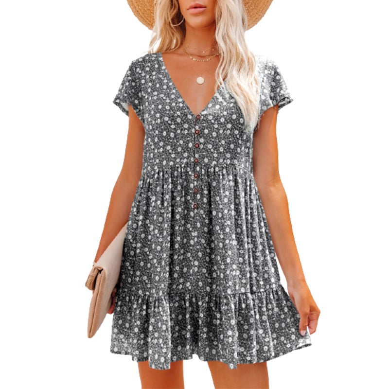 V-neck button small floral short-sleeved dress
