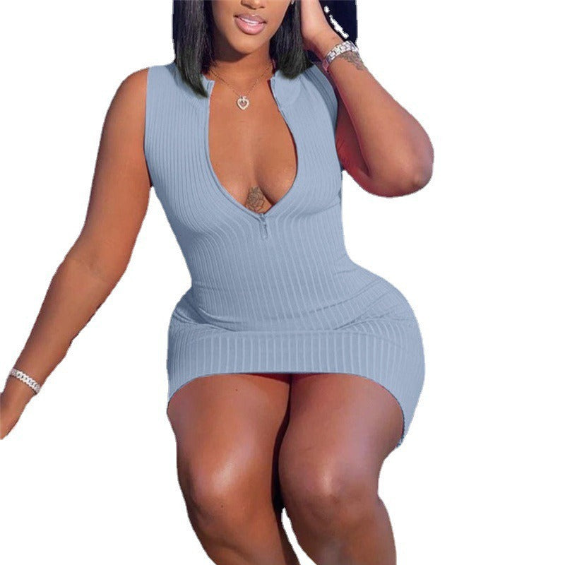 Women's Ribbed Zipper Slim Fit Sleeveless Dress