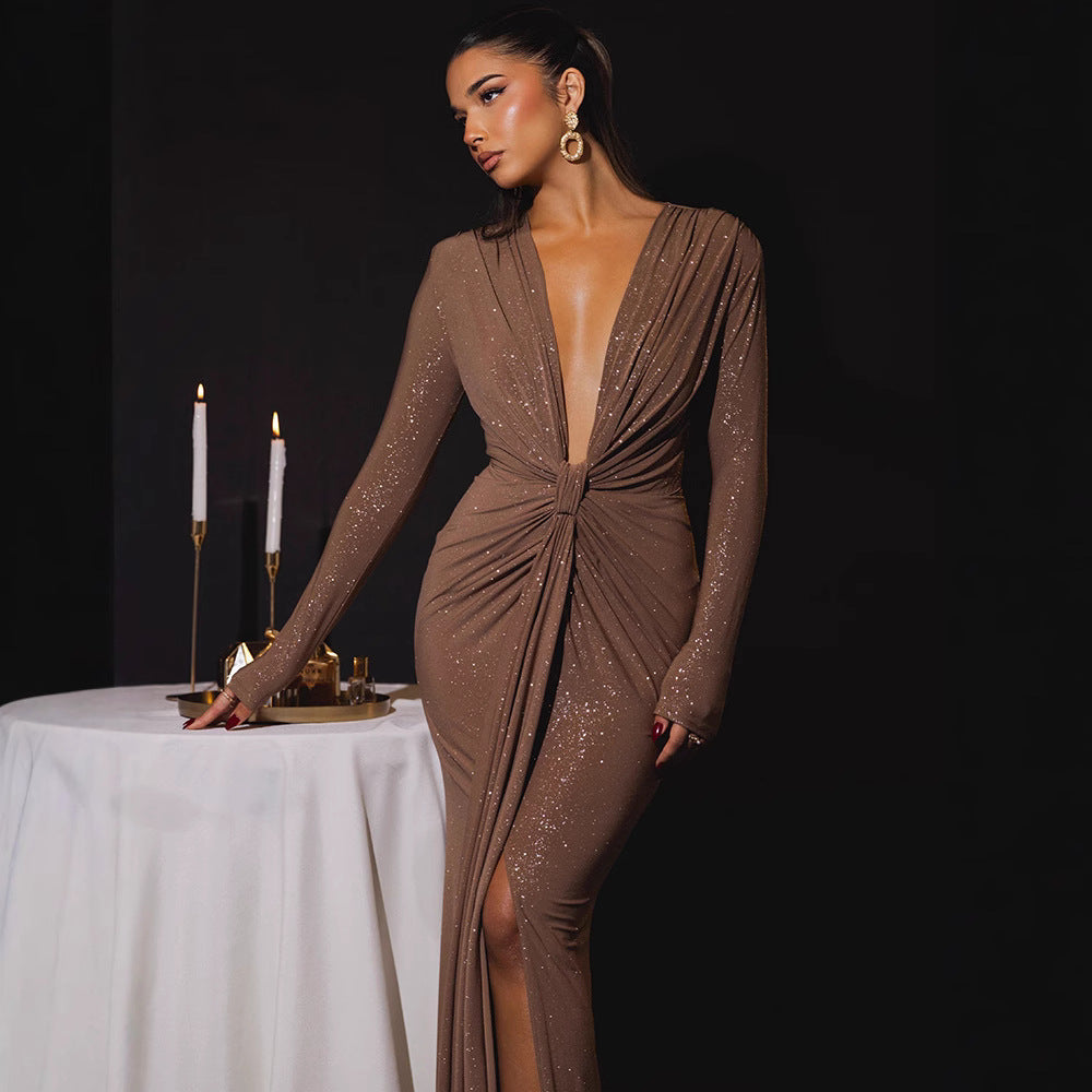 Cross-border Autumn and Winter Sexy Deep V-neck Sequin Strap Dress Dress Elegant Long-sleeve Split Slim-fit dress Party