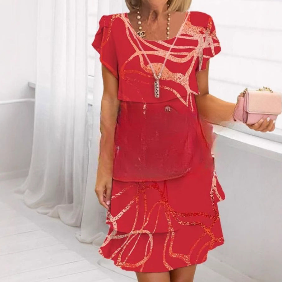 Short Sleeve 3D Printed Chiffon Dress