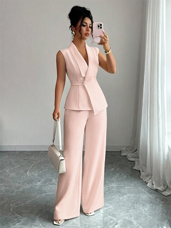 Women Sleeveless Suit and Straight Pants Two Piece Set