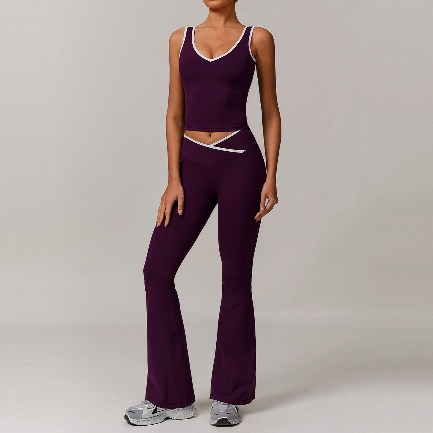 Contrast Color Sexy Tight Fitness Clothes suit V-Neck Sports Vest Quick-drying High Waist Cross Hip Lifting Yoga Flared Pants