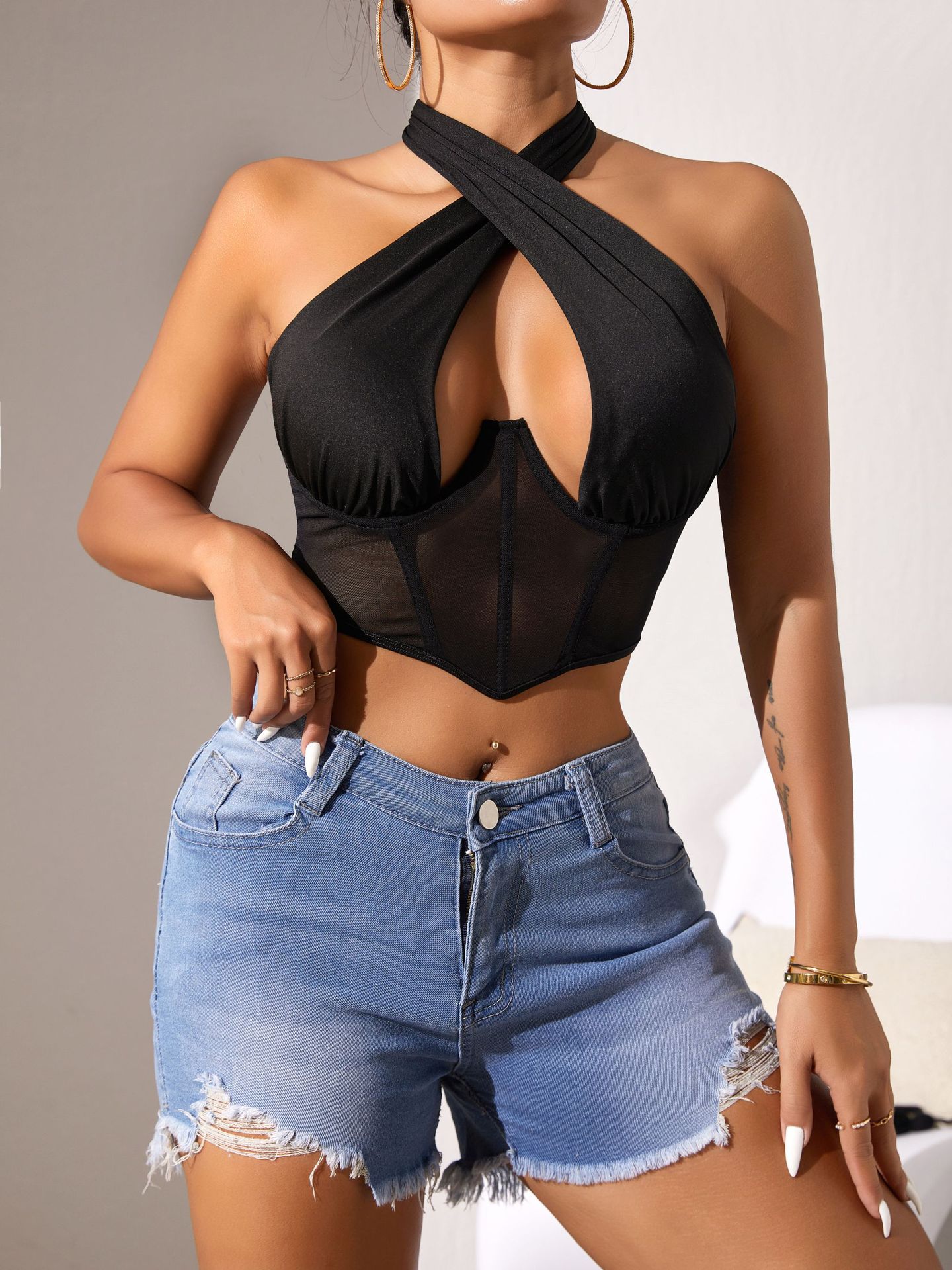 Sexy tulle patchwork halter top