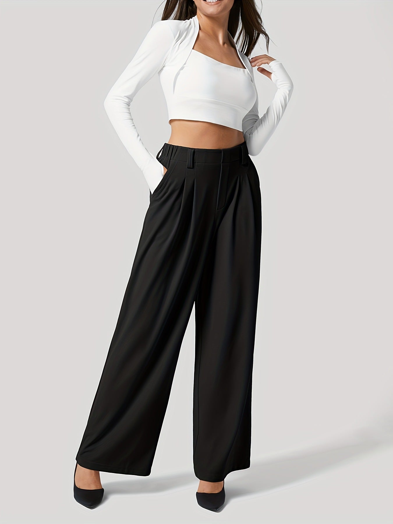 Women's High Waist Wide Leg Pleated Waffle Casual Trousers