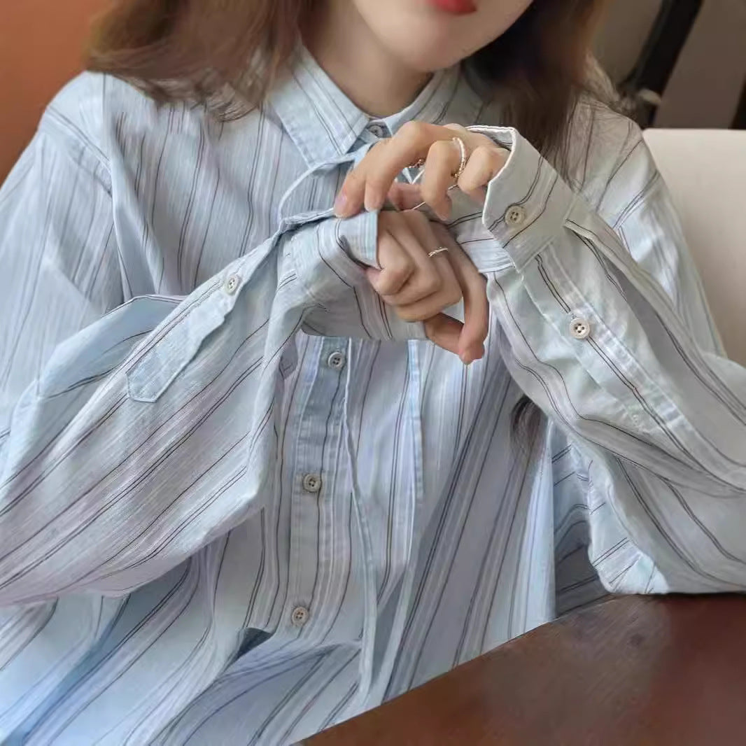 Womens Blue Striped Loose Shirt