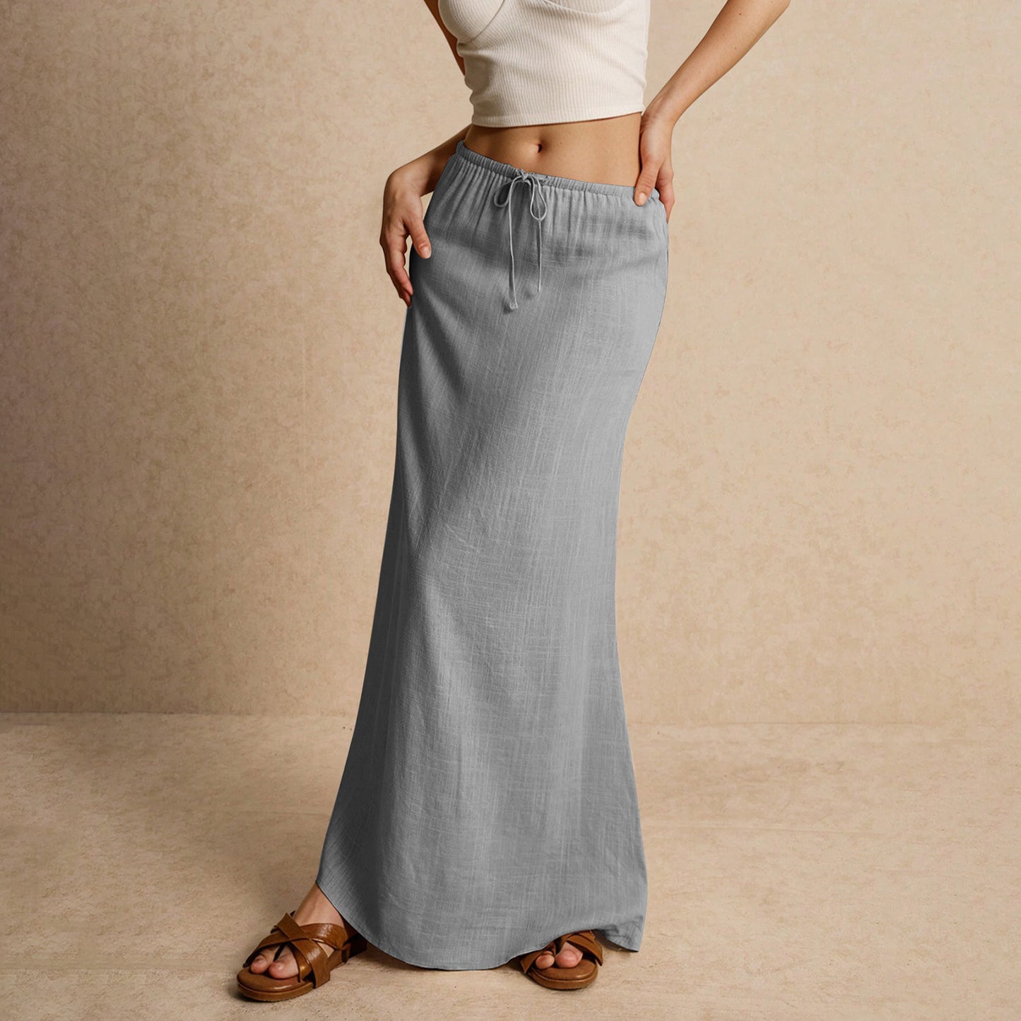 Women's solid-color drawstring elastic waist mid-length skirt