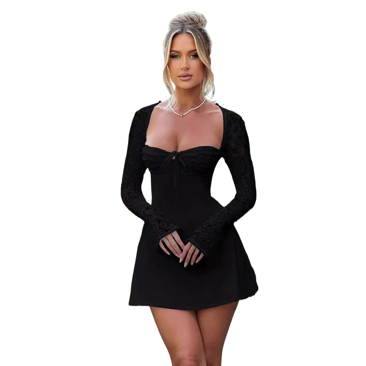 Sexy lace long sleeve dress backless lace-up