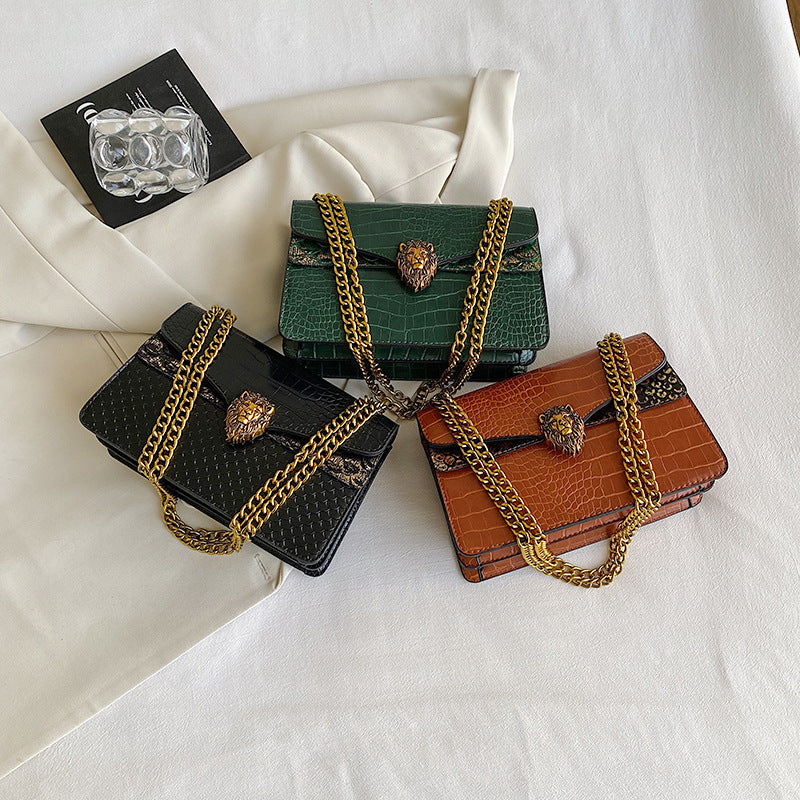 Crocodile-Texture Leather Small Square Bag with Chain Strap