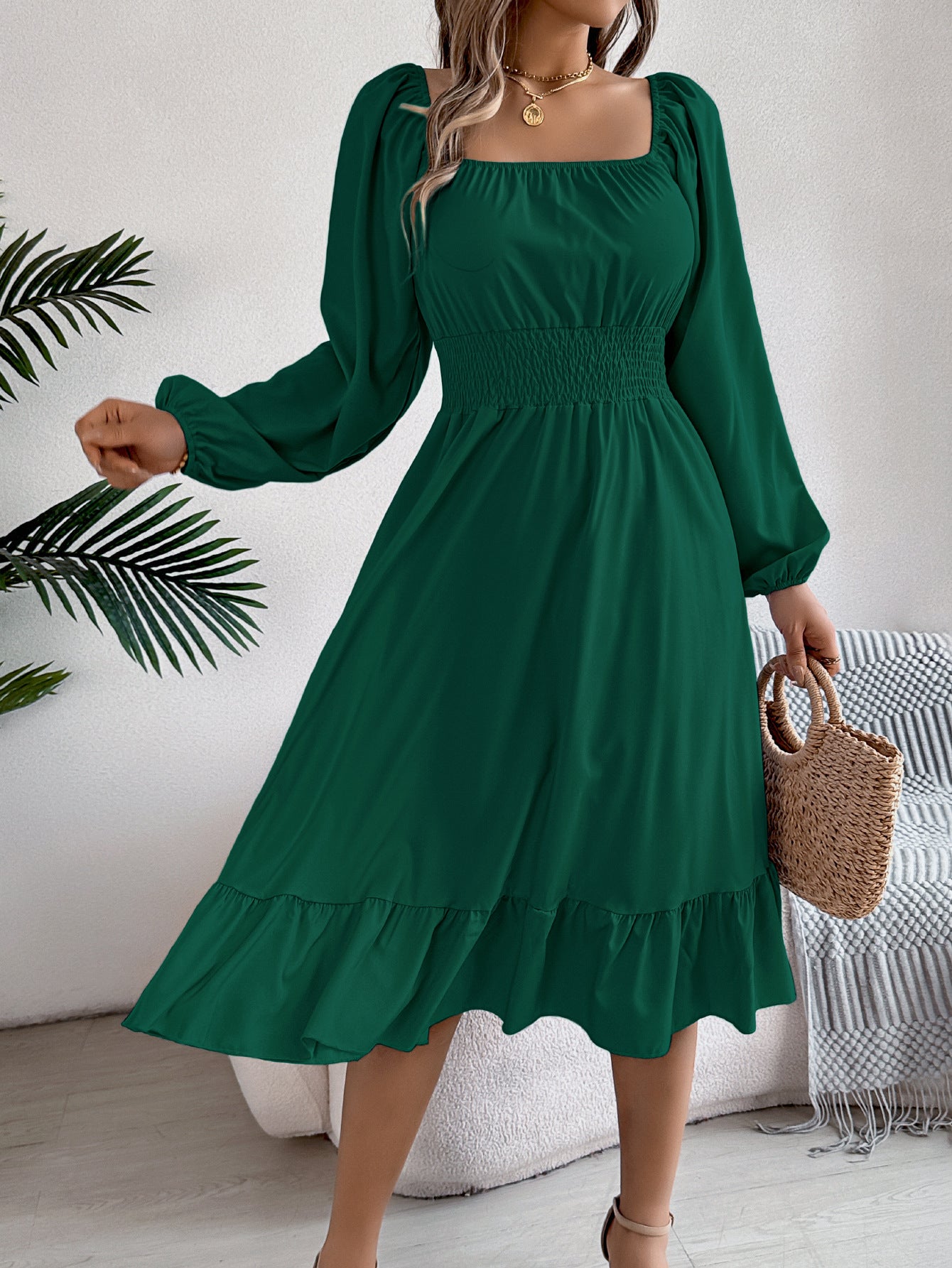 Casual Solid Color Square Neck Long Sleeve A-Line Dress