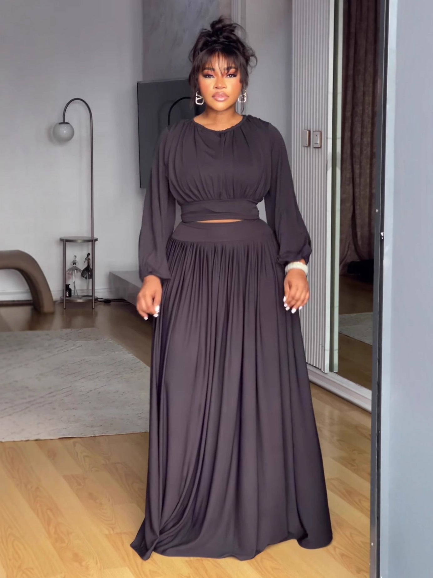 Round Neck Long Sleeve Elastic Waist Flared Skirt Set