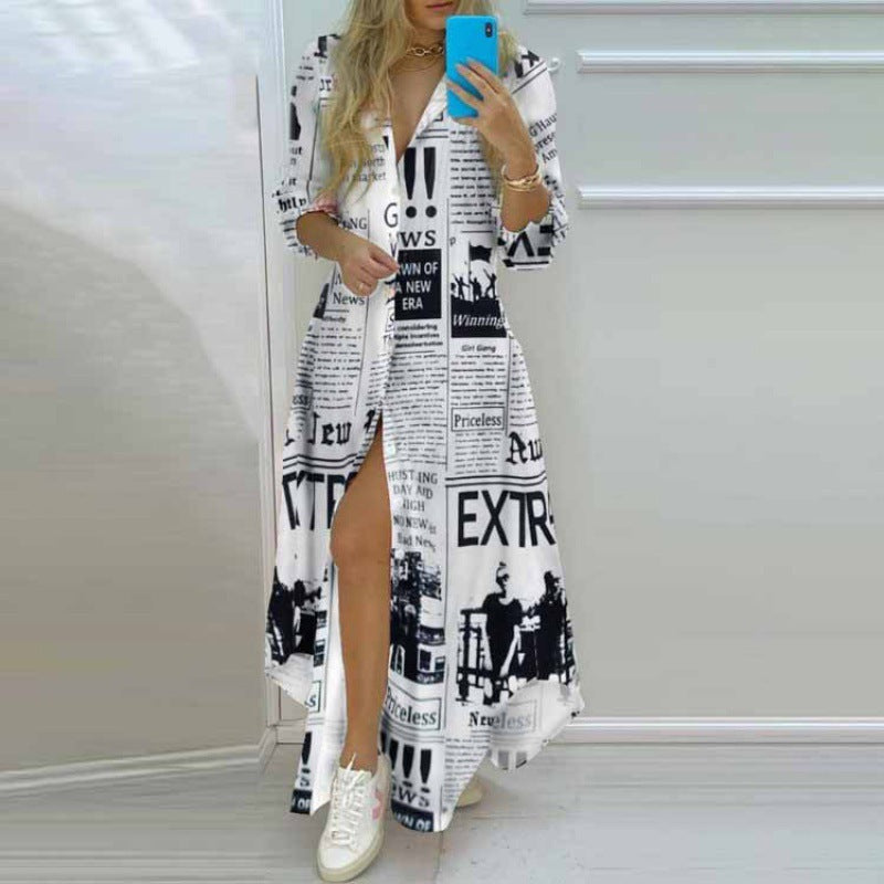 Printed single-breasted slit shirt dress