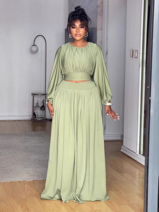 Round Neck Long Sleeve Elastic Waist Flared Skirt Set