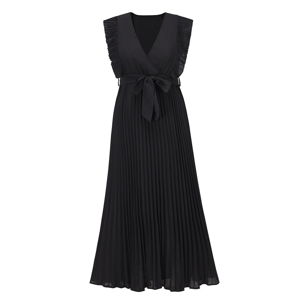 Elegant Beach Long Dress Fashion Slim Fit Sexy Lotus Sleeve Chiffon Pleated Dress Solid Color Dress