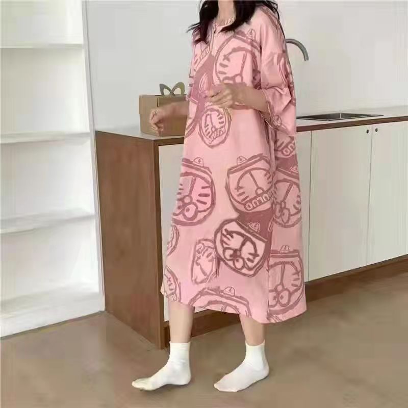 Women's Summer Cartoon Short Sleeve Pajama Dress - Loose Comfortable Home Wear