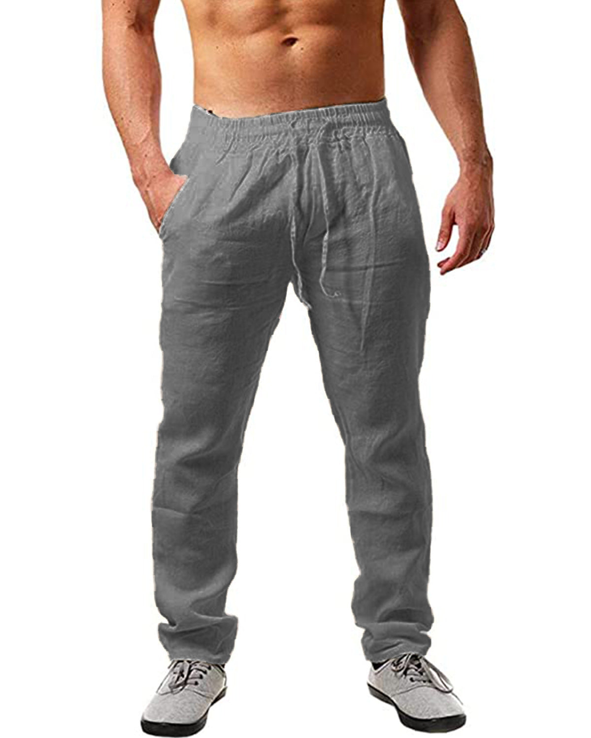 Mens Breathable Cotton Linen Casual Trousers