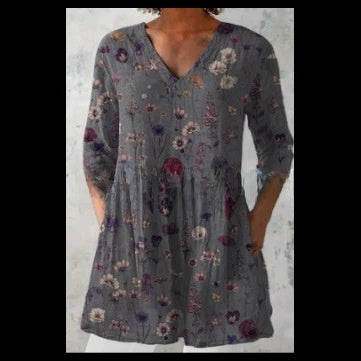 Women's Loose Digital Print V-Neck 3/4 Sleeve Tunic Top