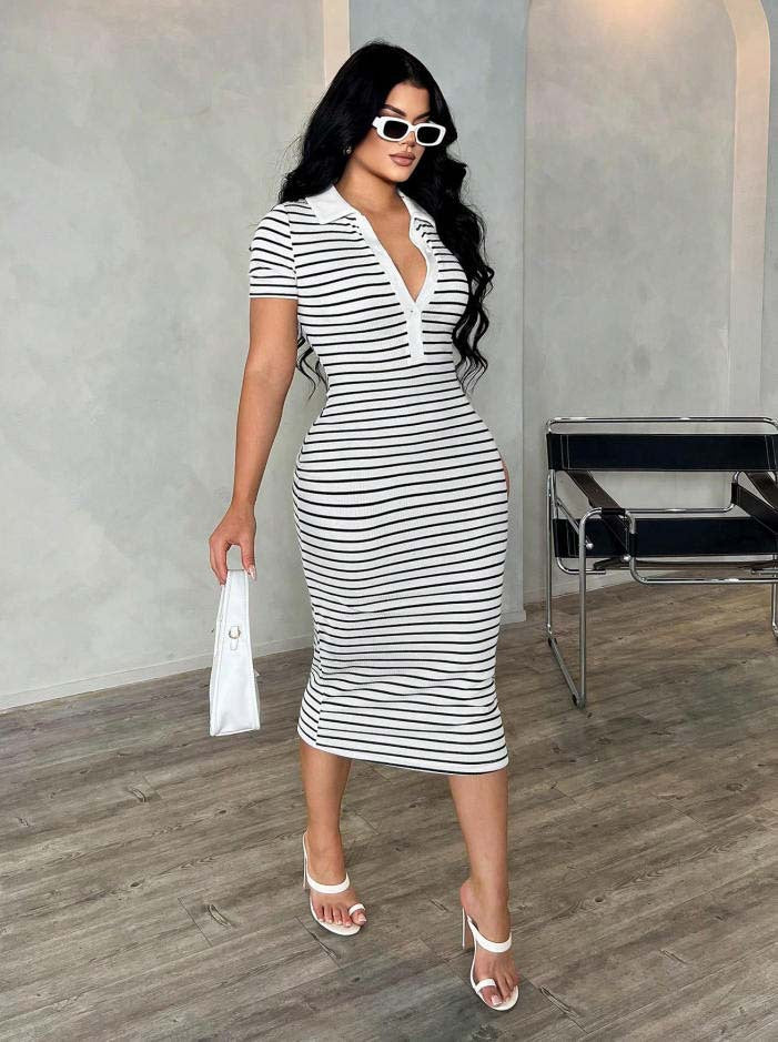 Polo Collar Striped Bodycon Midi Dress