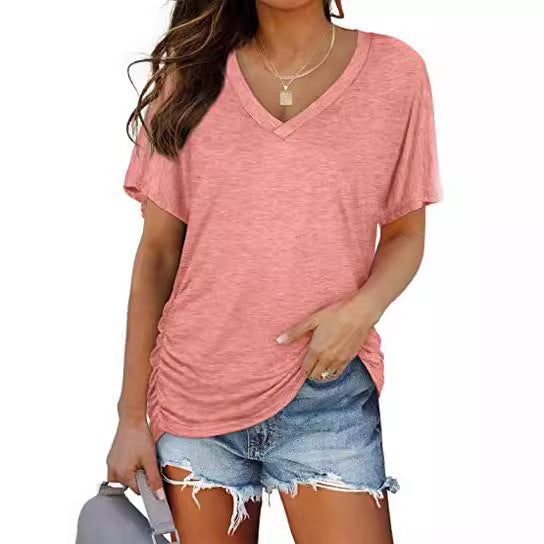 Solid-color batwing V-neck short-sleeved shirt