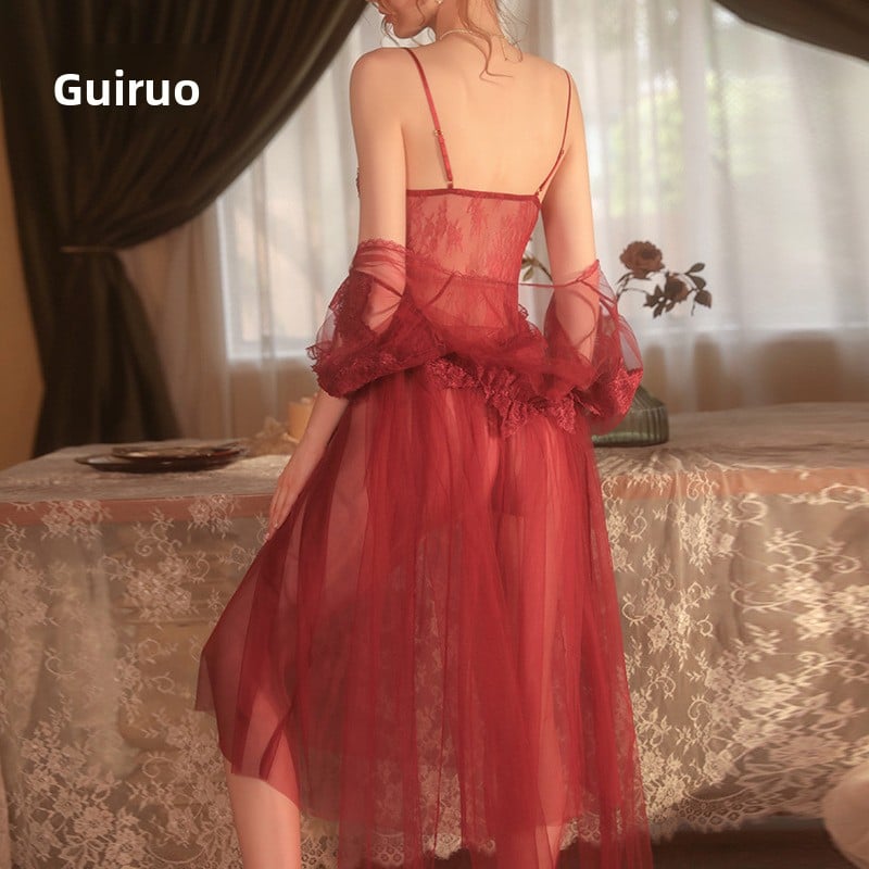 Long pajama see-through nightgown set