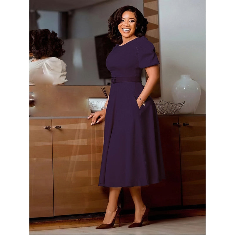 Puff Sleeve A-Line Dress with Matching Belt