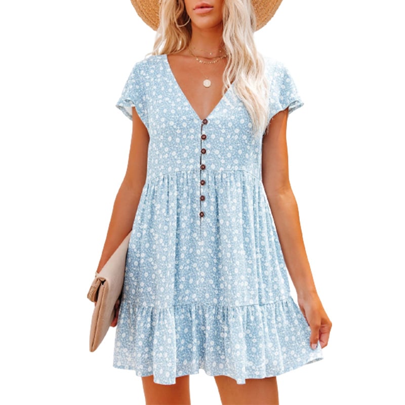 V-neck button small floral short-sleeved dress