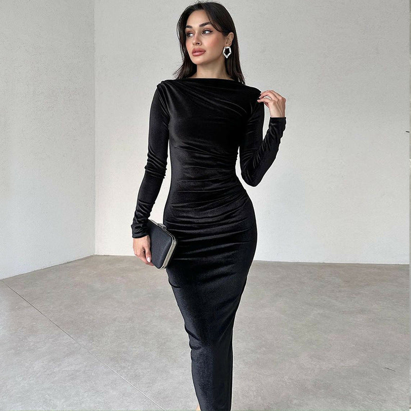 Solid-color fitted pleated round-neck long-sleeved dress