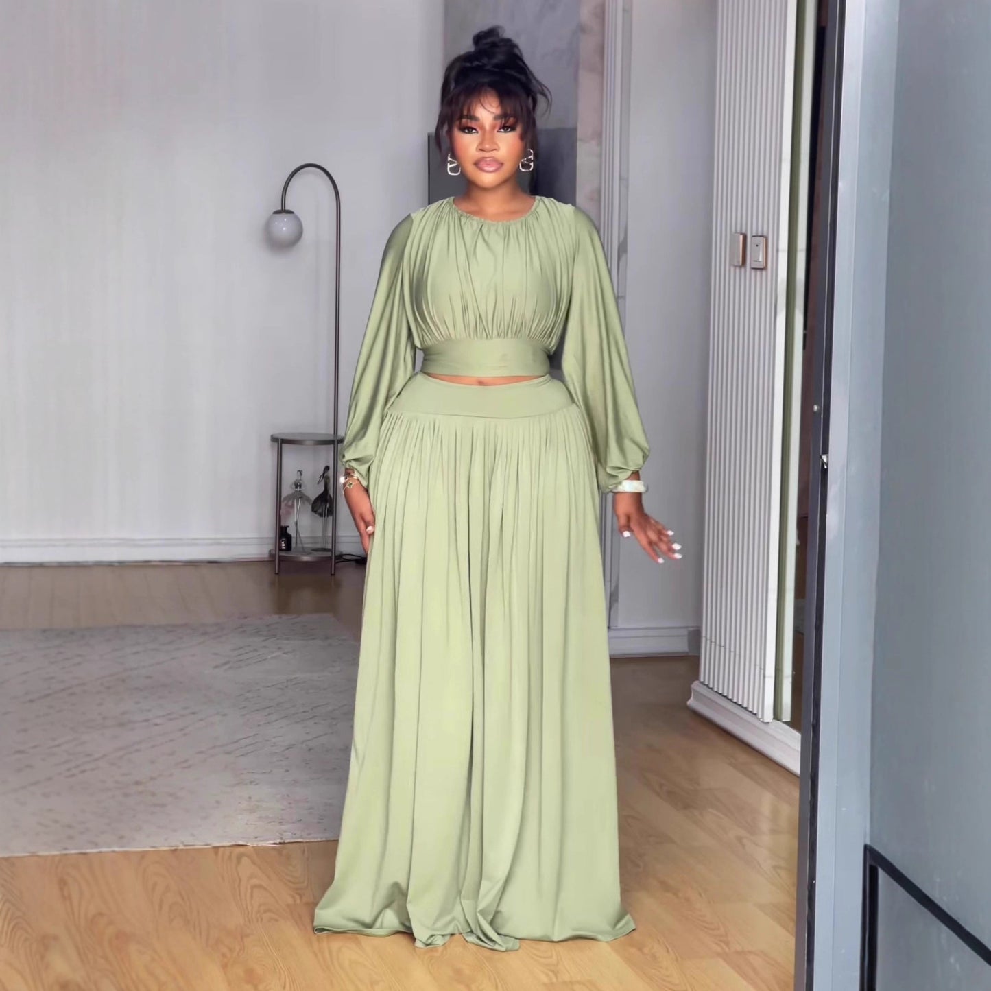 Round Neck Long Sleeve Elastic Waist Flared Skirt Set
