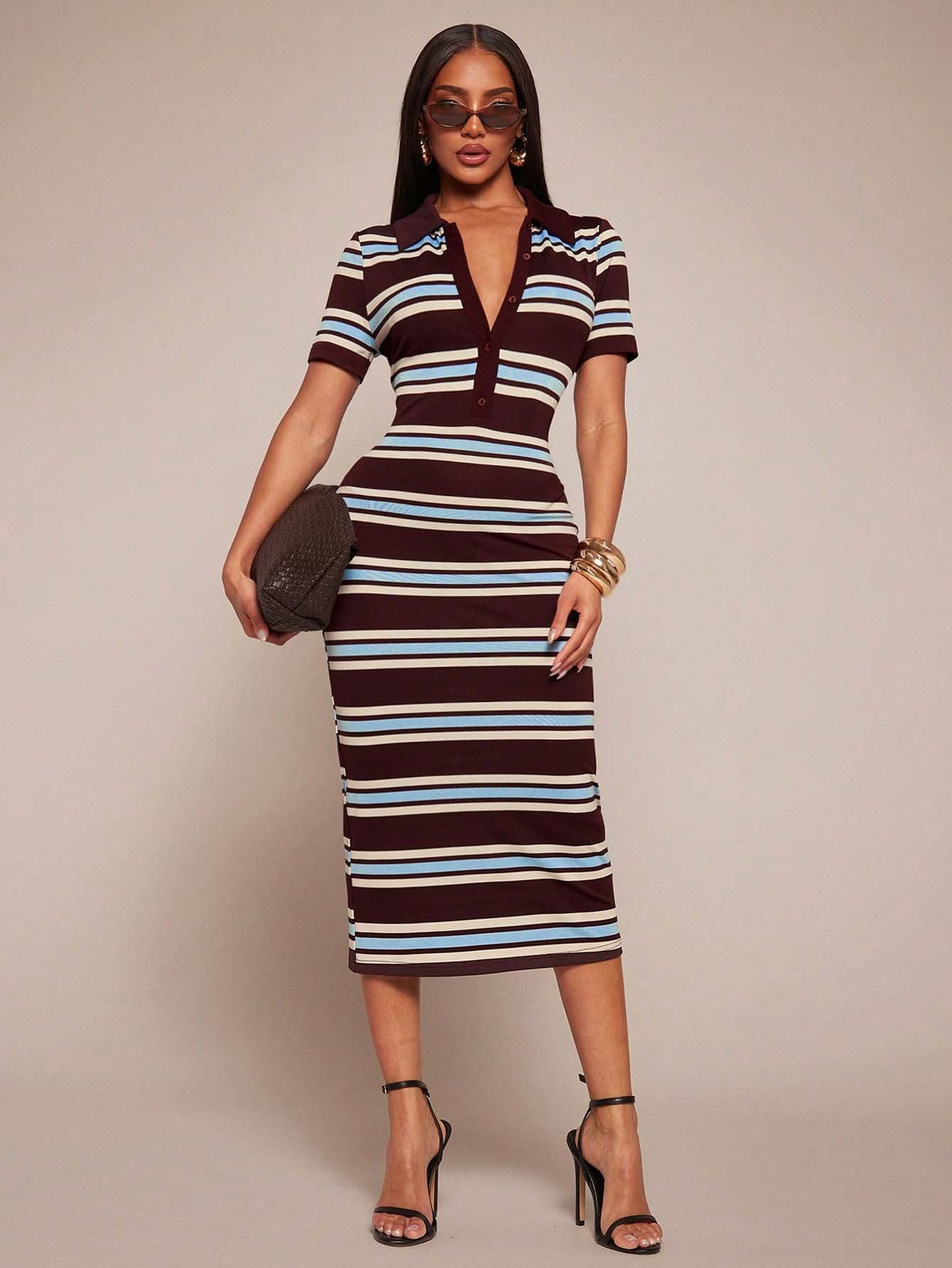 Polo Collar Striped Bodycon Midi Dress
