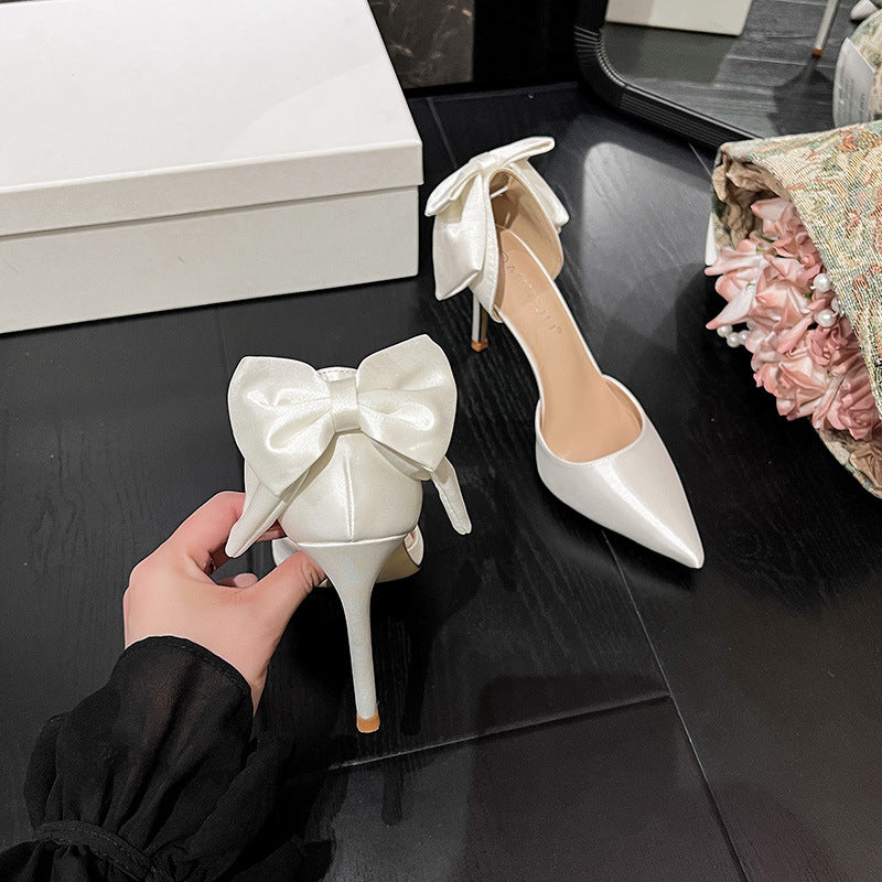 White satin bow high heels