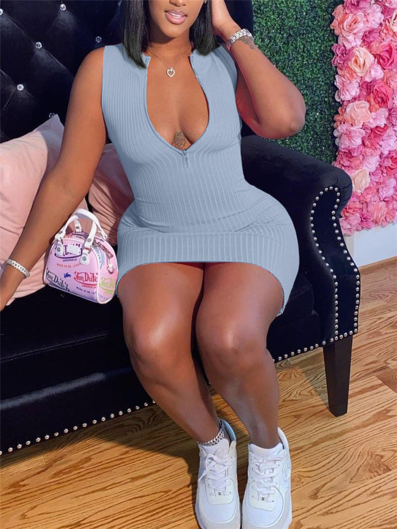 Women's Ribbed Zipper Slim Fit Sleeveless Dress
