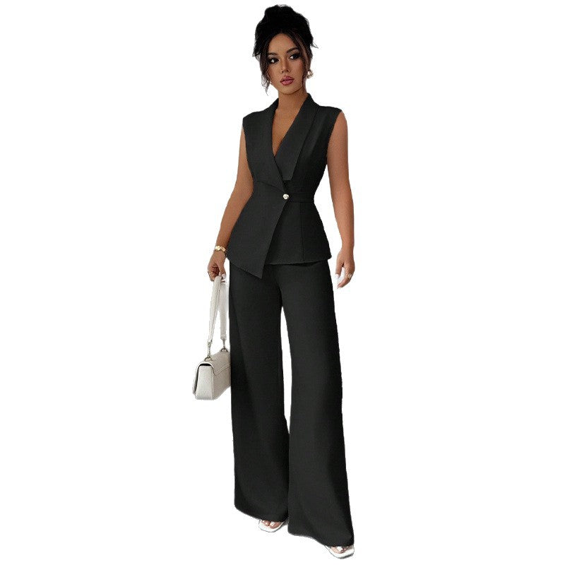 Women Sleeveless Suit and Straight Pants Two Piece Set