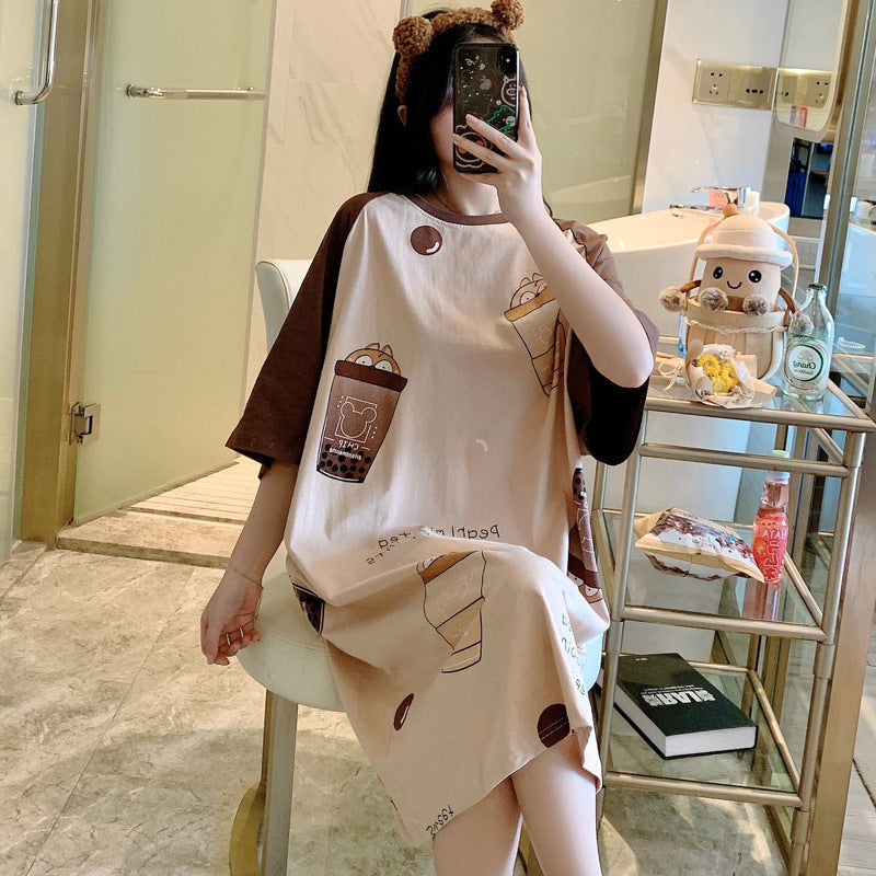 Women's Summer Cartoon Short Sleeve Pajama Dress - Loose Comfortable Home Wear