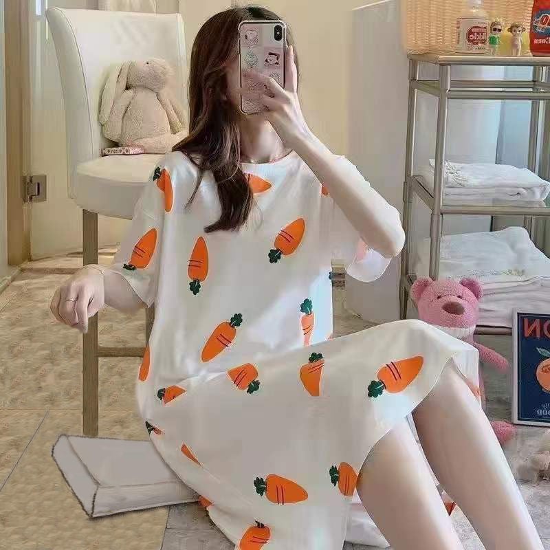 Women's Summer Cartoon Short Sleeve Pajama Dress - Loose Comfortable Home Wear