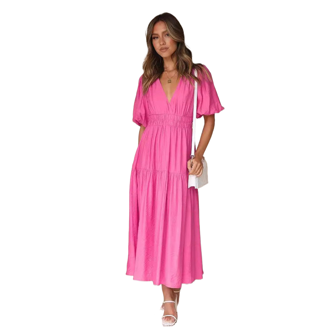 Deep V puffed sleeve vacation dress
