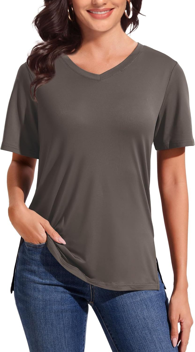 V-neck loose, straight-shoulder short-sleeved T-shirt