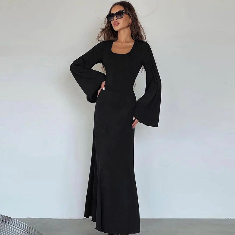 Loose U-Neck Back Tie Detail Long Sleeve Dress