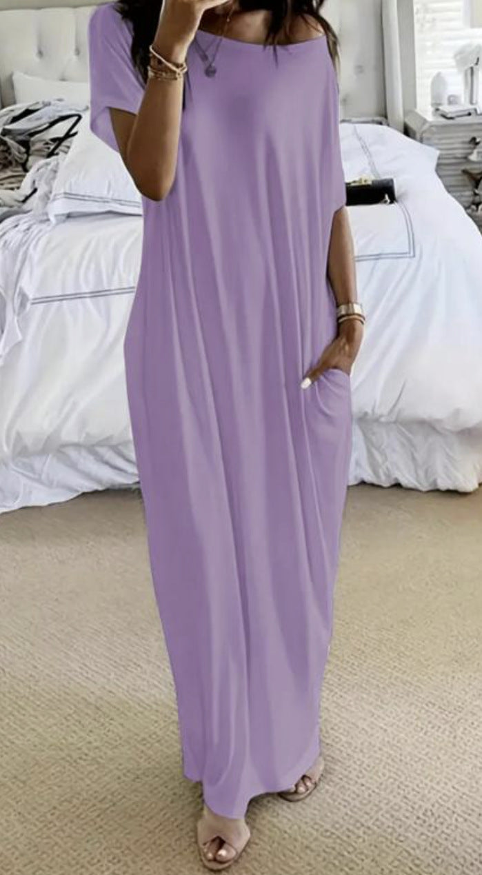 Women's Solid Color Long Casual Dress with Bat Sleeves